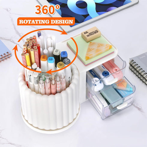 LETURE Rotating Office Desk Organizers with 2 Drawers, Pencil Pen Marker Holder for Home, Art Supplies (White)