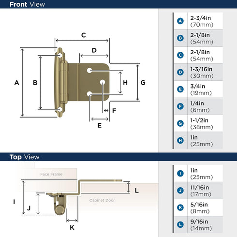 Amerock BPR3428BBZ Cabinet Hinge, 3/8 in (10 mm) Inset Self Closing Face Mount, Golden Champagne, 1 Pair/2 Pack
