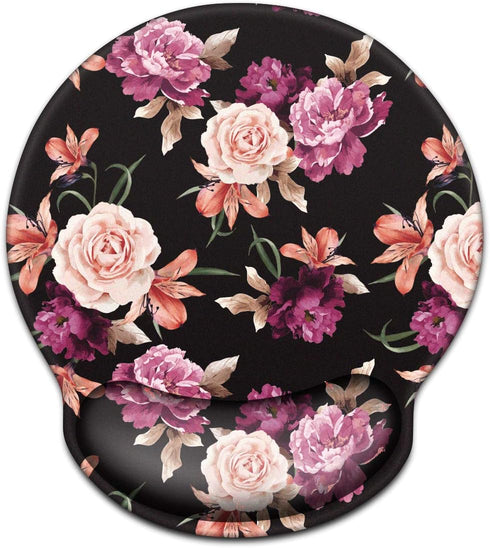 WAVEYU Mouse Pad with Wrist Support, Cute Designed Non-Slip Rubber Base Mousepad for Laptop, Black Flower