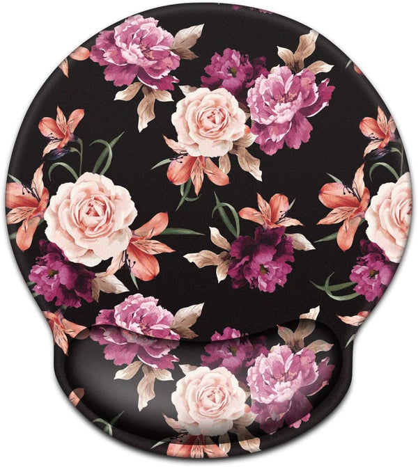 WAVEYU Mouse Pad with Wrist Support, Cute Designed Non-Slip Rubber Base Mousepad for Laptop, Black Flower