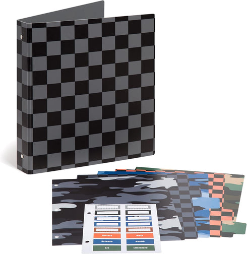 U Brands 1" Poly Performance Binder with 5 Tab Dividers and Labels, Silver Metal O-Rings, Checkered Print