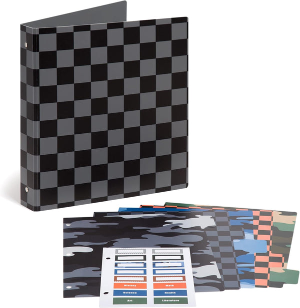 U Brands 1" Poly Performance Binder with 5 Tab Dividers and Labels, Silver Metal O-Rings, Checkered Print