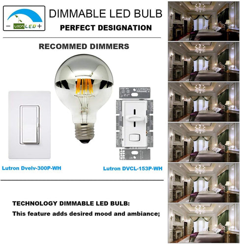 Bulbs,Dimmable,LED Bulbs,Silver Bulb,Mirror 6W (60W G80/G25 Bulb,E26 2700K,for Pack 2 LUXON Half Chrome Light Edison