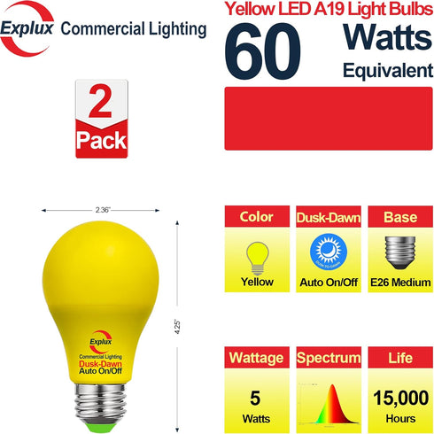 Explux A19 Dusk to Dawn LED Yellow Light Bulbs, 60W Equivalent, Photo Sensor Control Auto Dusk-Dawn On/Off, Porch Light Bulbs, 2-Pack by Explux Commercial Lighting