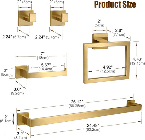 5-Pieces Set, 304 24.48 Inch Set Brushed Gold Bathroom Hardware SUS Stainless Steel Square Towel Bar with Towel Ring