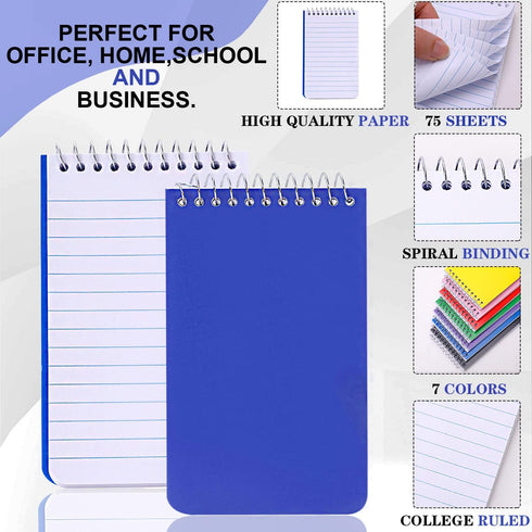 Small Notebooks, 3x5 Pocket Notebook, Spiral Notepads, 75 Sheets Per Notebook, 7 Colors, Mini Notepad, 7 Pack