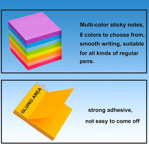 Sticky Notes, 3x3 Inches, Bright Colors Adhesive Sticky Pads, 80 Sheets/Pad, 8 Pads/Pack for Office, Home, School.