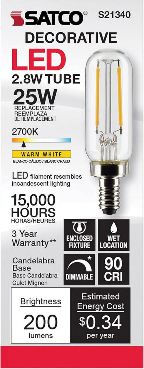 Satco S21340/06 2.8-Watt E12 Bulbs, 2700K, 15000 Dimmable, 6 Pack LED Light Hour Rating