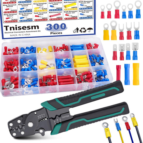 Tnisesm 301Pcs Insulated Wire Electrical Connectors Assortment Kit, Ring, Spade, Butt, Quick Disconnect Terminals