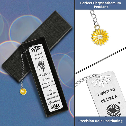 Kaluofan Sunflower Gifts for Women Girls, Inspirational Bookmarks with Sunflower Chain, Book Markers for Reading, Back