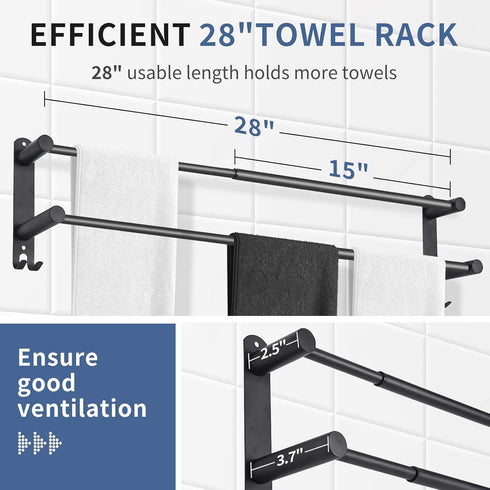 KAHCNVN Baradjustable16-28IN Double Towel Matte Black Towel Racks for Bathroom, Stainless Steel Towel Holder,Suitable