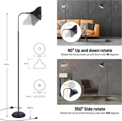 Industrial LED Floor Lamp,Black Metal Adjustable Standing Lamp for Living Room, Bedroom, Office,Rotating Head Tall