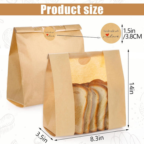 130 Pack 14" 8.3" 3.5" 160 Homemade Sourdough Bread Bags, x x Large Paper Bread Bag with Window Stickers for Bake Sale