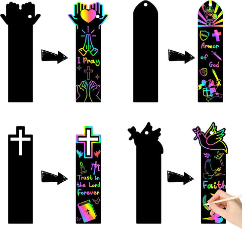 CY2SIDE 60PCS Religious Scratch Bookmarks, DIY Crosses Rainbow Color Paper Cards Craft Kits for Christian Sunday School