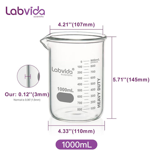 Heavy Duty Glass Beakers Set of 2 pcs, 1000ml Thick-Walled, 3.3 Boro Griffin Low Form for Laboratories and Schools