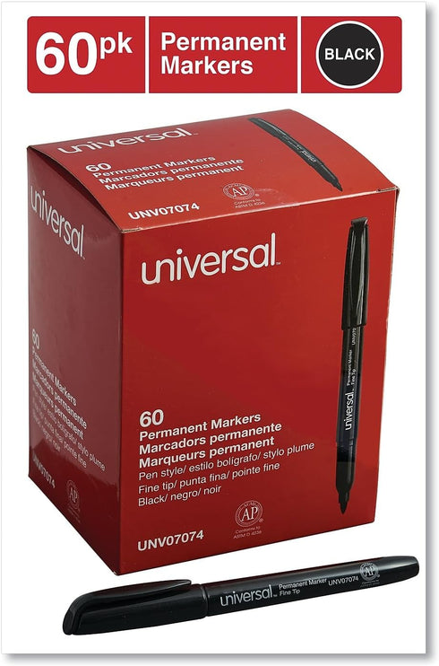 Universal UNV07074 Fine Bullet Tip Pen-Style Permanent Marker - Black (60/Pack) by Universal