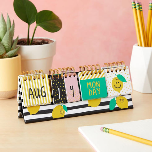 Lemon Perpetual Flip Calendar for Office Desktop, Classroom Supplies, Desk Calendar with Day, Date, Month Display (8 x