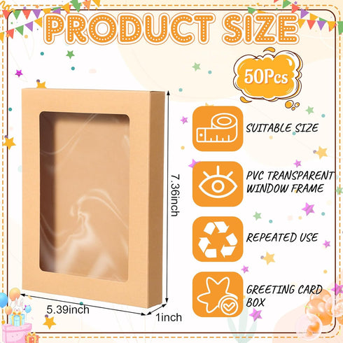 Chivertion 50 Pcs Kraft Paper Greeting Card Storage Box with PVC Window - Bulk Frame Photo Storage Box (5.39 x 7.36 x 1
