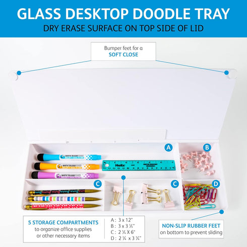 Glassboard Studio Glass Dry Erase Doodle Tray for Desktop Office Supply Storage - Includes 8 Markers and Eraser (White)
