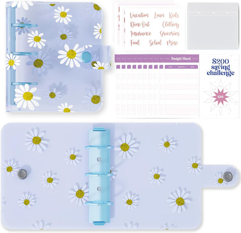SOUL MAMA Mini Binder with Cash Envelopes - Cute Daisy Blue A8 Binder Wallet, Money Organizer for Cash, Mini 3 Ring