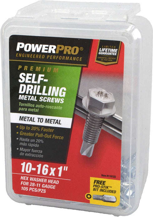 Power Pro Premium Self-Drilling Metal Screws, Zinc Plated Steel, Box of 105 Screws, #10 x 1 inch