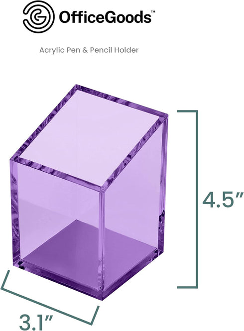 OfficeGoods Acrylic Pen & Pencil Holder - Modern Trapezoid Design - Beautiful Desk Organizer for Home or Office - Contrasting Metal Base - 3" Square w/ 3.5" Front & 4.5" Back - Purple by OfficeGoods