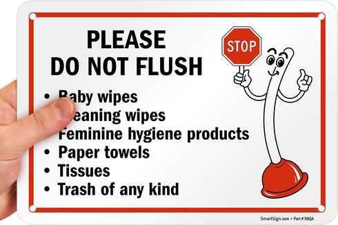 7" 10" 55 SmartSign x 'Please Do Not Flush Wipes/Feminine Hygiene Products/Paper Towels/Tissues/Trash' Bathroom Sign
