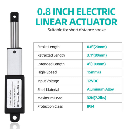 NORJIN 12V Mini Electric Linear Actuator, 0.8" Stroke, 32N Speed 15mm/s, Linear Motion Actuators with Mounting Brackets
