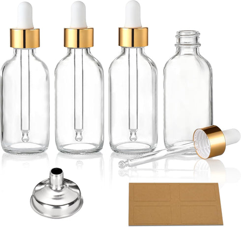AOZITA 4 Pcs 1 oz Golden Cap Clear Dropper Bottles (30ml) with 1 Funnel & 4 Labels for Essential Oils