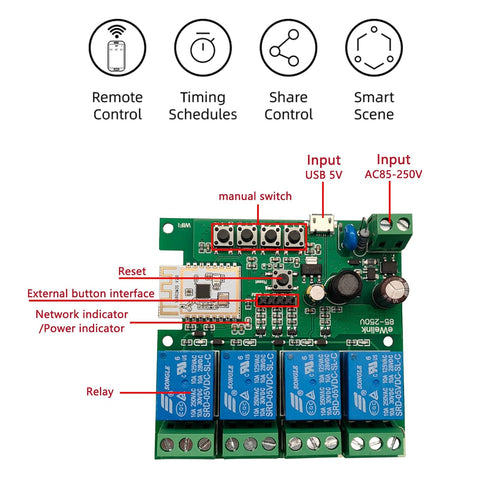 Jane Eyre eWeLink 4 Channels Wireless Smart Switch, USB 5V/AC85V-250V Smart WiFi Relay Switch Module