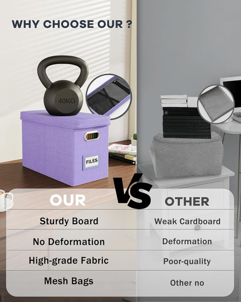 Oterri File Organizer Box with Lid, Hanging Filing Box with Mesh Pocket, Document Organizer for Letter Files, Lavender