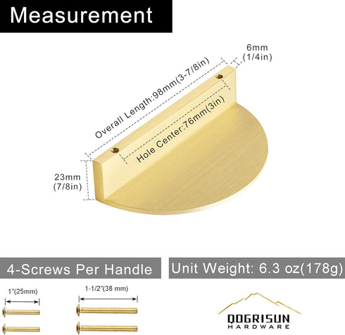 QOGRISUN 2-Pack Solid Brass Cabinet Pulls, Gold Half Moon Drawer Handles, 3-Inch Hole Center