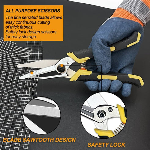 9-Inch Heavy Duty Scissors, Multifunction Shears for Cutting Cable Wires, Cardboard, Vinyl Siding, Straight Snips