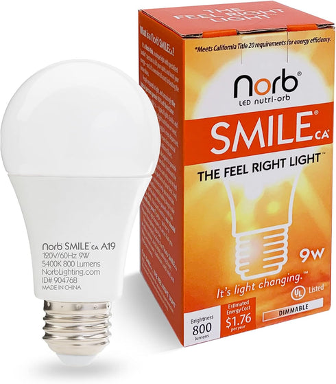 NorbSMILE Full Spectrum Sun Light Bulb, A19 9W, Boosts Energy & Mood, Imitate Sunlight Indoors, 1-Pack