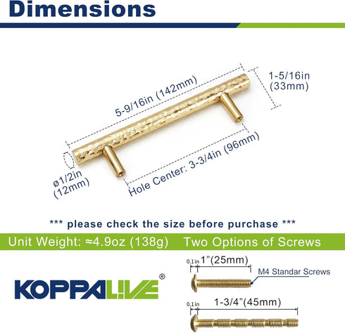 2-Pack Solid Brass Kitchen Cabinet Pulls, Gold Modern T-Bar Handles, 3-3/4-Inch Hole Center, Polished Finish