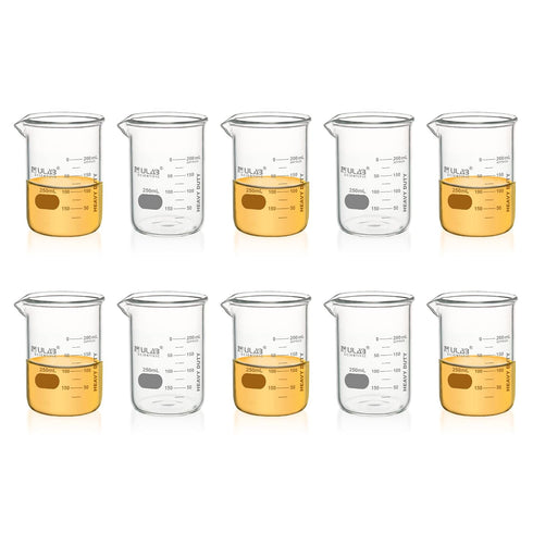 ULAB 10pcs Heavy Duty Glass Beakers, 250ml (8.45oz), Borosilicate 3.3 Glass with Double Scale, Superior Durability