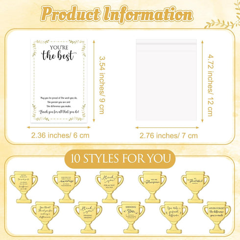 Juinte 60 Sets (10 Employee Appreciation Gifts Bulk Trophy Pins with Thank You Cards Organza Bags Inspirational