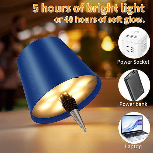 3 Dimmable, 5H 48H Rechargeable Wireless Bottle Lamp - Color Stepless Metallic Blue Lampshade, Bright Light or Soft
