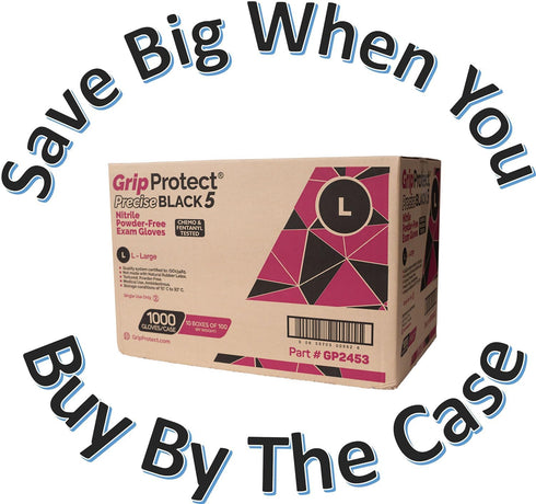 GripProtect Precise Black 5 Nitrile Exam Gloves | 5 Mil Thickness | Chemo-Rated | Medical, Law Enforcement, Tattoo, Dental, Janitorial, Food & Agriculture (XL, 100)