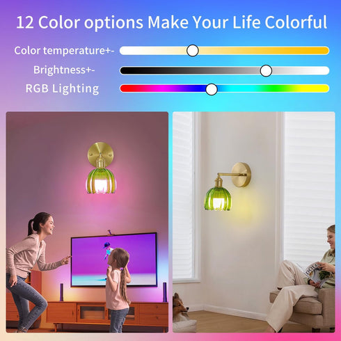 1 Pack, 12 Inch Vintage Battery Operated Wall Sconce Green Tulip Glass Shade Gold Wall Lamp with Cable Switch, Modern