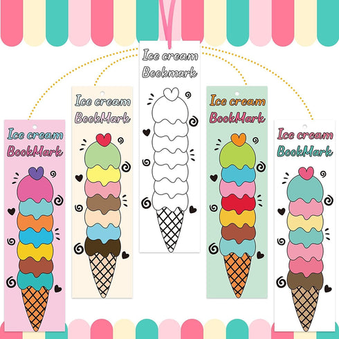 72Pcs Summer Haooryx Color Your Own Ice Cream Bookmarks - Ice Cream Theme Kids DIY Coloring Blank Bookmark for Kids