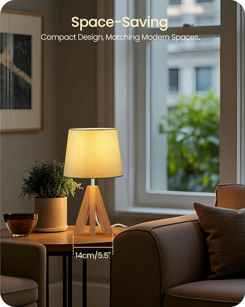 J51TL05 Tripod Table Lamp, Small Bedside Lamp with Wood Base & Green Fabric Shade, Little Cute Desk Lamp, Modern