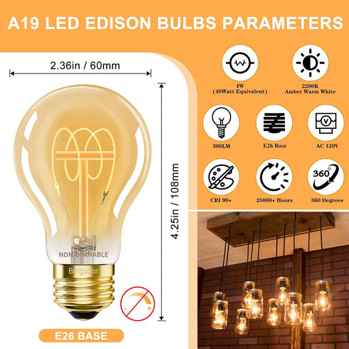 A19 E26 Bulbs 40 Non-Dimmable, 2200K Bulbs, 4W A19 Bulb 40 4 PACK Bulbs, 90+ Vintage LED Edison Light Watt, Amber Warm