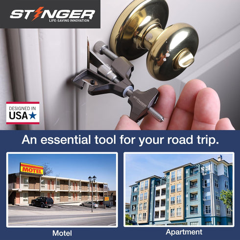 Stinger Metal Portable Door Lock for Travelers Hotel, Apartment, and Home Door Stopper Security with Built-in Glass