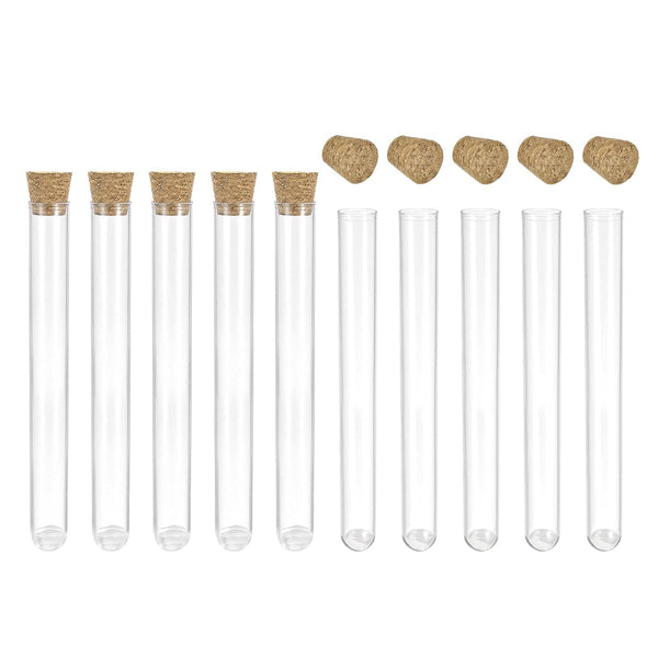 uxcell 10 Pcs PS Plastic Test Tubes with Cork Stoppers, Round Base, 13x100mm, Storage Container for Scientific