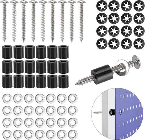 43 Set (172Pcs) Pegboard Mounting spacers and screws Kit, Peg Boards Installation Hardware Accessories. Include Sturdy Screws, Spacers,Washers and Lock Clips for 1/8 Inch and 1/4 Inch Pegboard by HanTof