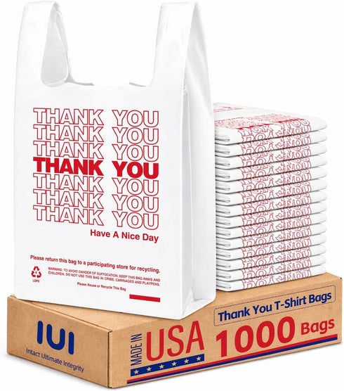 IUI 1000 Count Thank You T-Shirt Plastic Bags, White Grocery Bags with