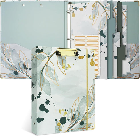 Vienrose 1 Inch 3 Ring Binder, Cute Clipboard for Letter Size Paper, with Tab Dividers and File Folder Labels, Greenery