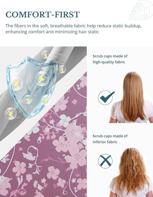 Pink Series Florals Double-Sided Printed Scrub Caps for Women with Buttons, Adjustable Helps Reduce Static Buildup