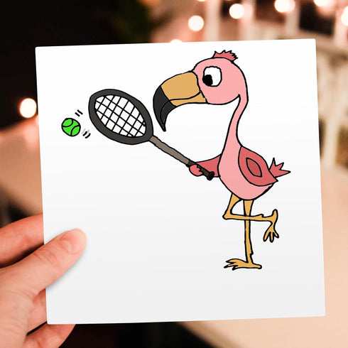 Funny Pink Flamingo Tennis Greeting Card